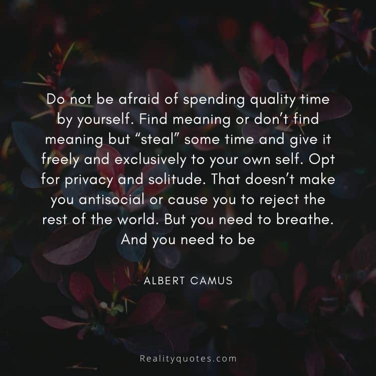 Do not be afraid of spending quality time by yourself. Find meaning or don’t find meaning but “steal” some time and give it freely and exclusively to your own self. Opt for privacy and solitude. That doesn’t make you antisocial or cause you to reject the rest of the world. But you need to breathe. And you need to be