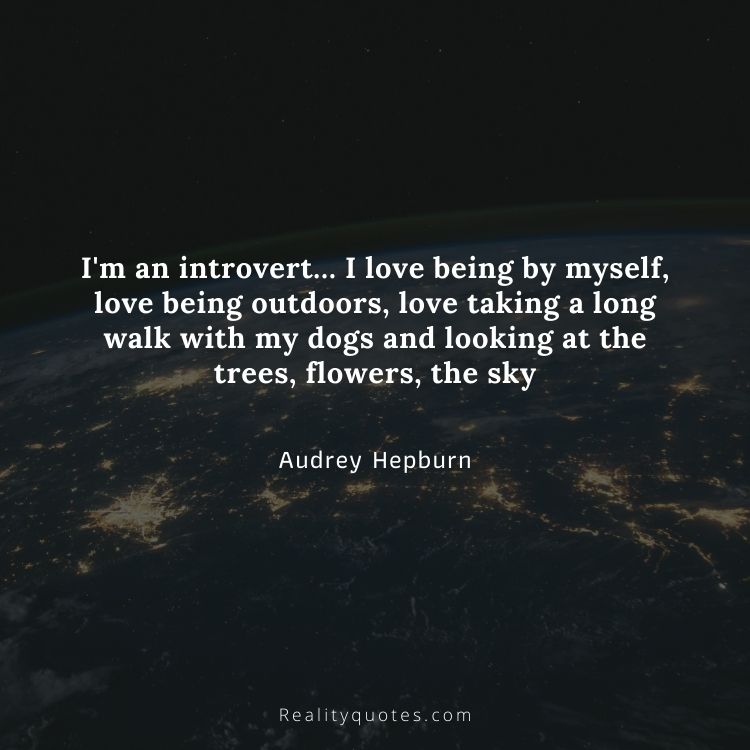 I'm an introvert… I love being by myself, love being outdoors, love taking a long walk with my dogs and looking at the trees, flowers, the sky