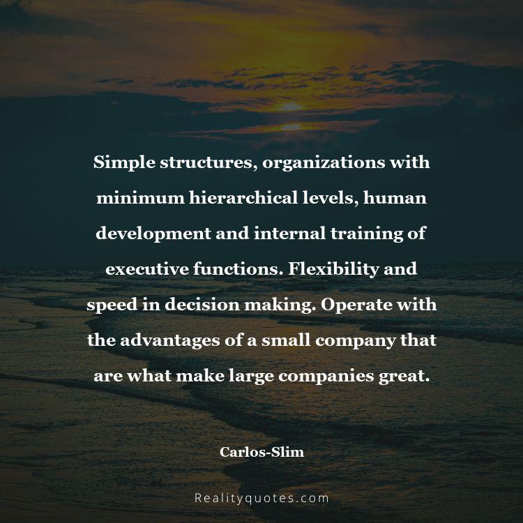 32. Simple structures, organizations with minimum hierarchical levels, human development and internal training of executive functions. Flexibility and speed in decision making. Operate with the advantages of a small company that are what make large companies great.